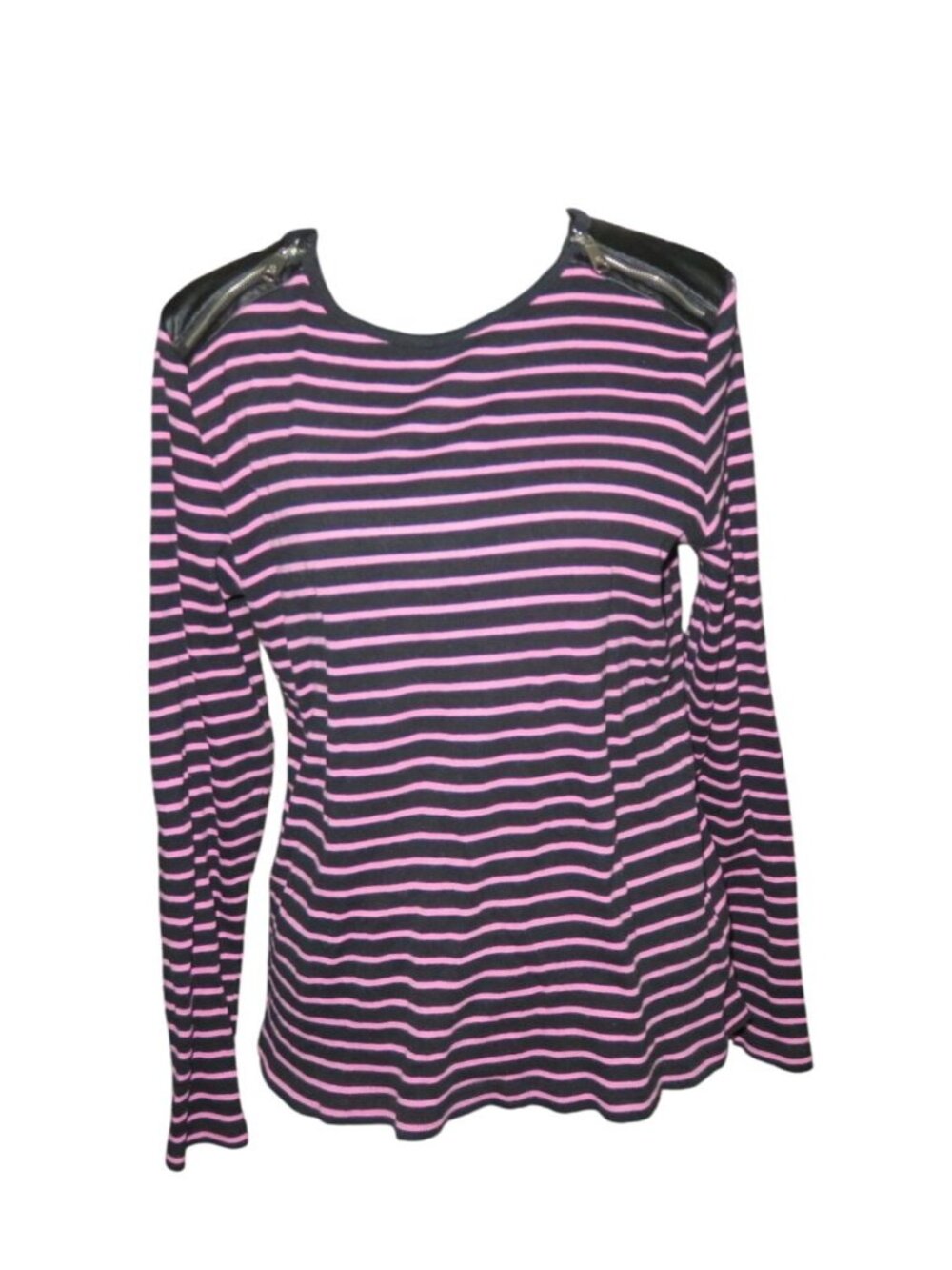 Ralph Lauren Pink & Black Striped long sleeve leather shoulders sweater  size XL